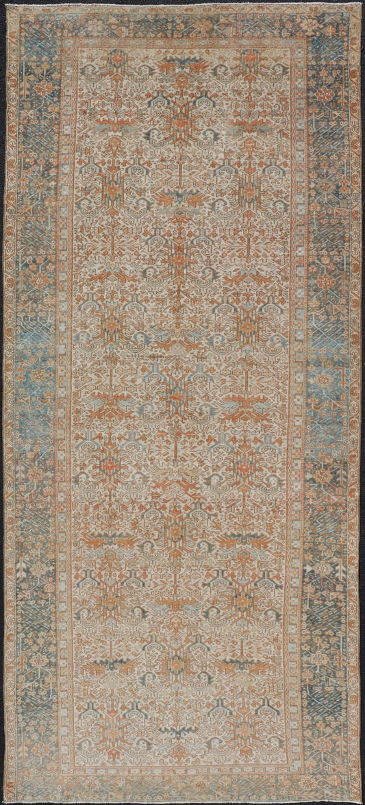 Antique Persian Gallery Heriz Rug with Geometric Design in Copper and Blue Intricately designed geometric Persian Heriz carpet in earth tones, Keivan Woven Arts / rug EMB - 9538 - P13051, country of origin / type: Iran / Heriz, circa 1930 Thi... - Keivan Woven ArtsEMB - 9538 - P13051 - 14746Rug