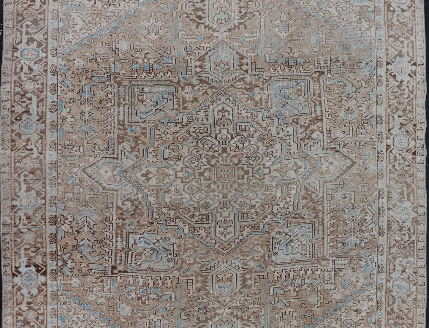 Antique Persian Heriz Rug with Geometric Design in Taupe, Tan, Brown and Lt Blue . Intricately designed geometric Persian Heriz carpet in earth tones, rug EMB - 9539 - P13038, country of origin / type: Iran / Heriz, circa 1930 This magnifice... - Keivan Woven ArtsEMB - 9539 - P13038 - 14752Rug
