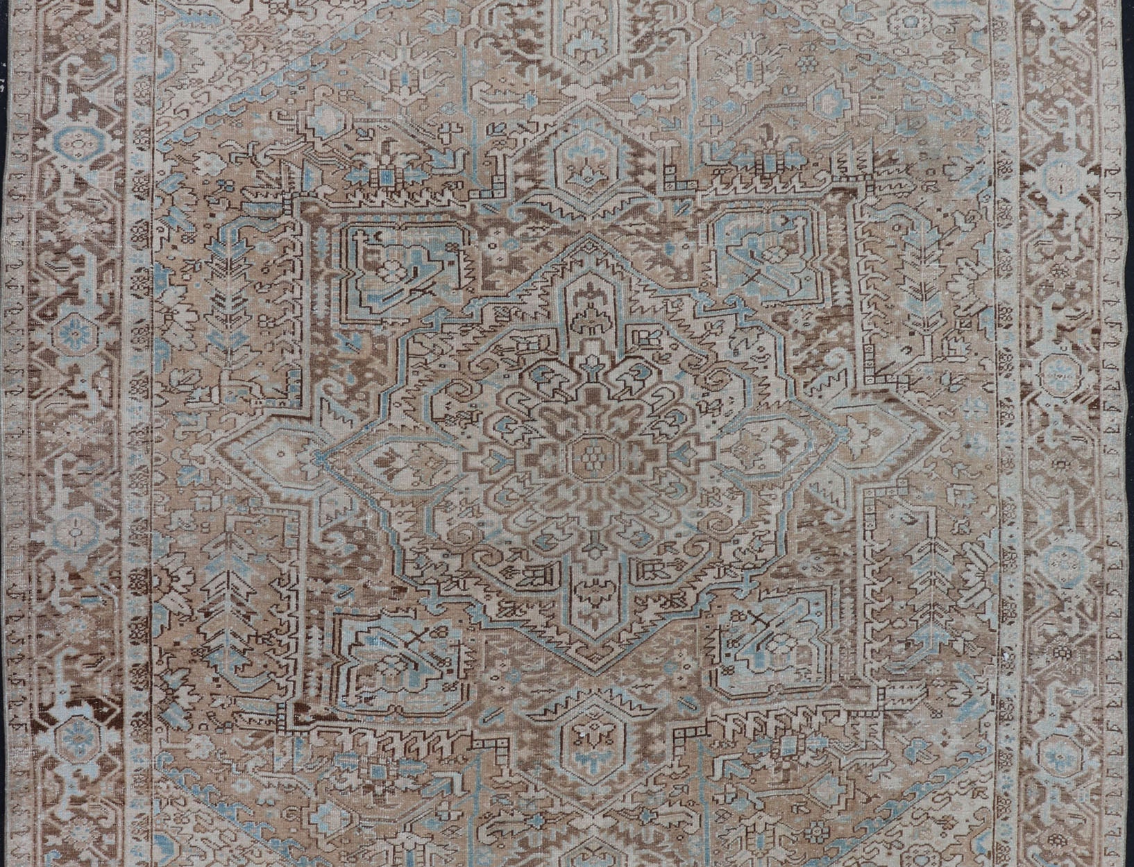 Antique Persian Heriz Rug with Geometric Design in Taupe, Tan, Brown and Lt Blue . Intricately designed geometric Persian Heriz carpet in earth tones, rug EMB - 9539 - P13038, country of origin / type: Iran / Heriz, circa 1930 This magnifice... - Keivan Woven ArtsEMB - 9539 - P13038 - 14752Rug