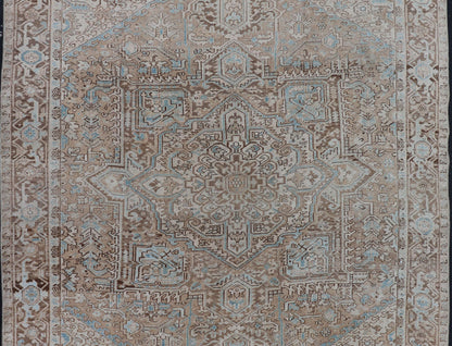 Antique Persian Heriz Rug with Geometric Design in Taupe, Tan, Brown and Lt Blue . Intricately designed geometric Persian Heriz carpet in earth tones, rug EMB - 9539 - P13038, country of origin / type: Iran / Heriz, circa 1930 This magnifice... - Keivan Woven ArtsEMB - 9539 - P13038 - 14752Rug