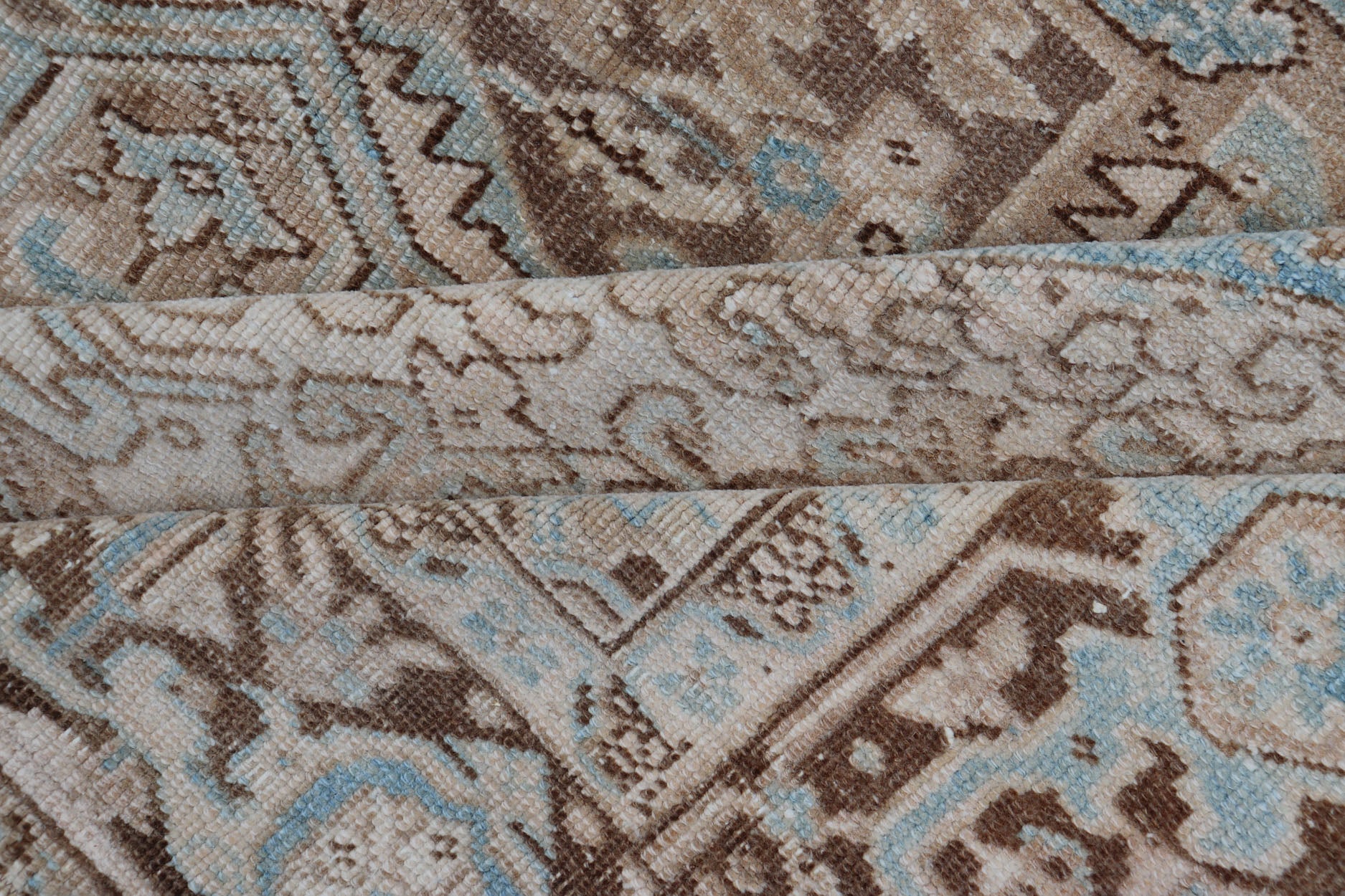 Antique Persian Heriz Rug with Geometric Design in Taupe, Tan, Brown and Lt Blue . Intricately designed geometric Persian Heriz carpet in earth tones, rug EMB - 9539 - P13038, country of origin / type: Iran / Heriz, circa 1930 This magnifice... - Keivan Woven ArtsEMB - 9539 - P13038 - 14752Rug