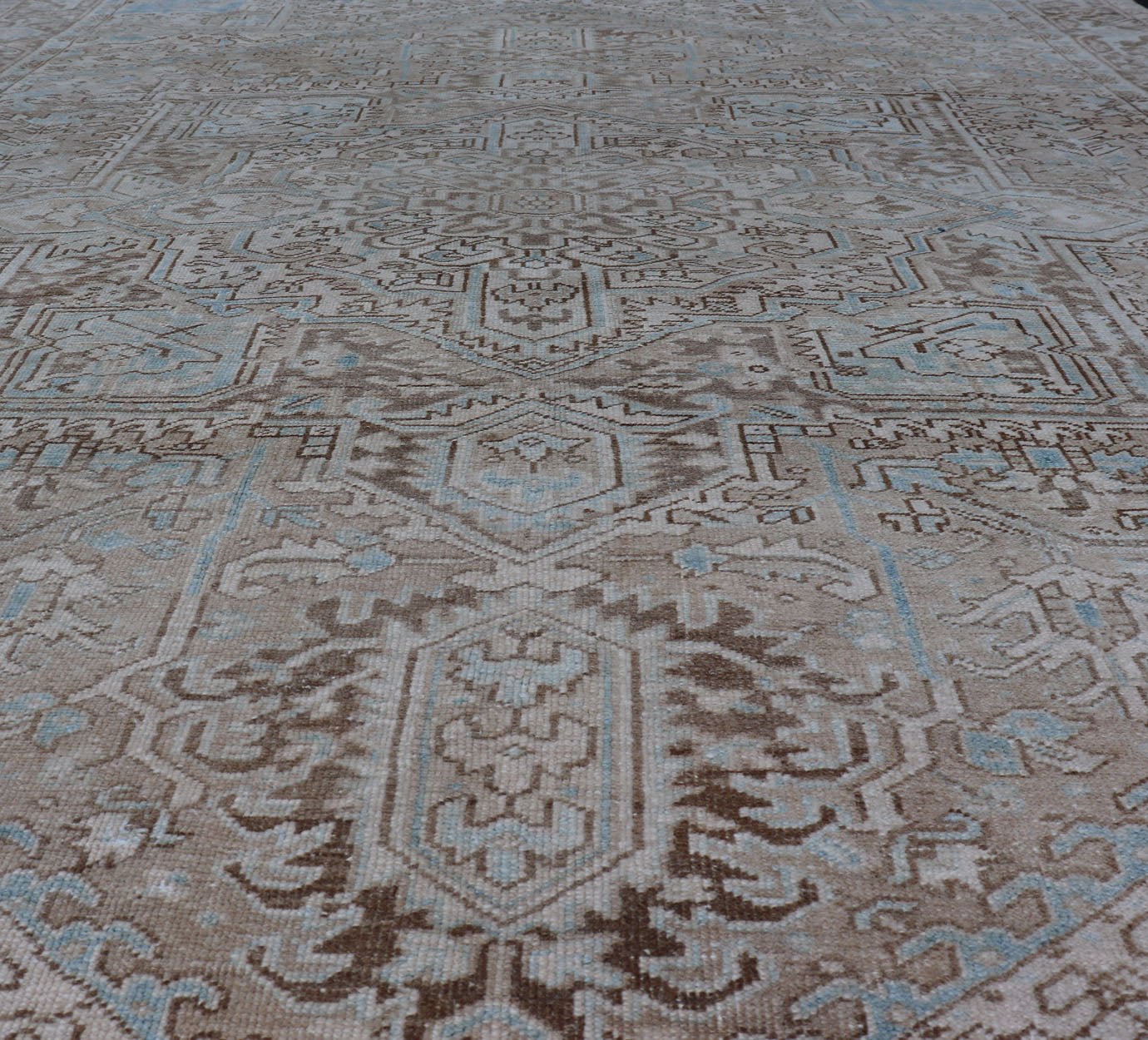 Antique Persian Heriz Rug with Geometric Design in Taupe, Tan, Brown and Lt Blue . Intricately designed geometric Persian Heriz carpet in earth tones, rug EMB - 9539 - P13038, country of origin / type: Iran / Heriz, circa 1930 This magnifice... - Keivan Woven ArtsEMB - 9539 - P13038 - 14752Rug
