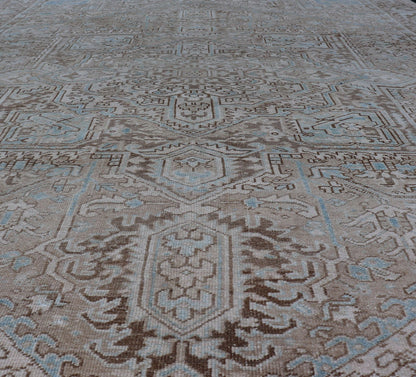 Antique Persian Heriz Rug with Geometric Design in Taupe, Tan, Brown and Lt Blue . Intricately designed geometric Persian Heriz carpet in earth tones, rug EMB - 9539 - P13038, country of origin / type: Iran / Heriz, circa 1930 This magnifice... - Keivan Woven ArtsEMB - 9539 - P13038 - 14752Rug