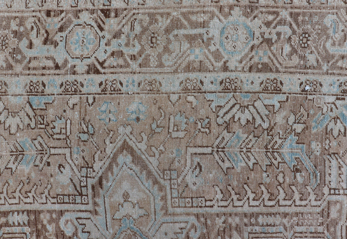 Antique Persian Heriz Rug with Geometric Design in Taupe, Tan, Brown and Lt Blue . Intricately designed geometric Persian Heriz carpet in earth tones, rug EMB - 9539 - P13038, country of origin / type: Iran / Heriz, circa 1930 This magnifice... - Keivan Woven ArtsEMB - 9539 - P13038 - 14752Rug