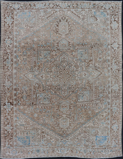 Antique Persian Heriz Rug with Geometric Design in Taupe, Tan, Brown and Lt Blue . Intricately designed geometric Persian Heriz carpet in earth tones, rug EMB - 9539 - P13038, country of origin / type: Iran / Heriz, circa 1930 This magnifice... - Keivan Woven ArtsEMB - 9539 - P13038 - 14752Rug