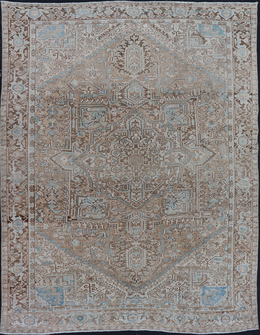 Antique Persian Heriz Rug with Geometric Design in Taupe, Tan, Brown and Lt Blue . Intricately designed geometric Persian Heriz carpet in earth tones, rug EMB - 9539 - P13038, country of origin / type: Iran / Heriz, circa 1930 This magnifice... - Keivan Woven ArtsEMB - 9539 - P13038 - 14752Rug