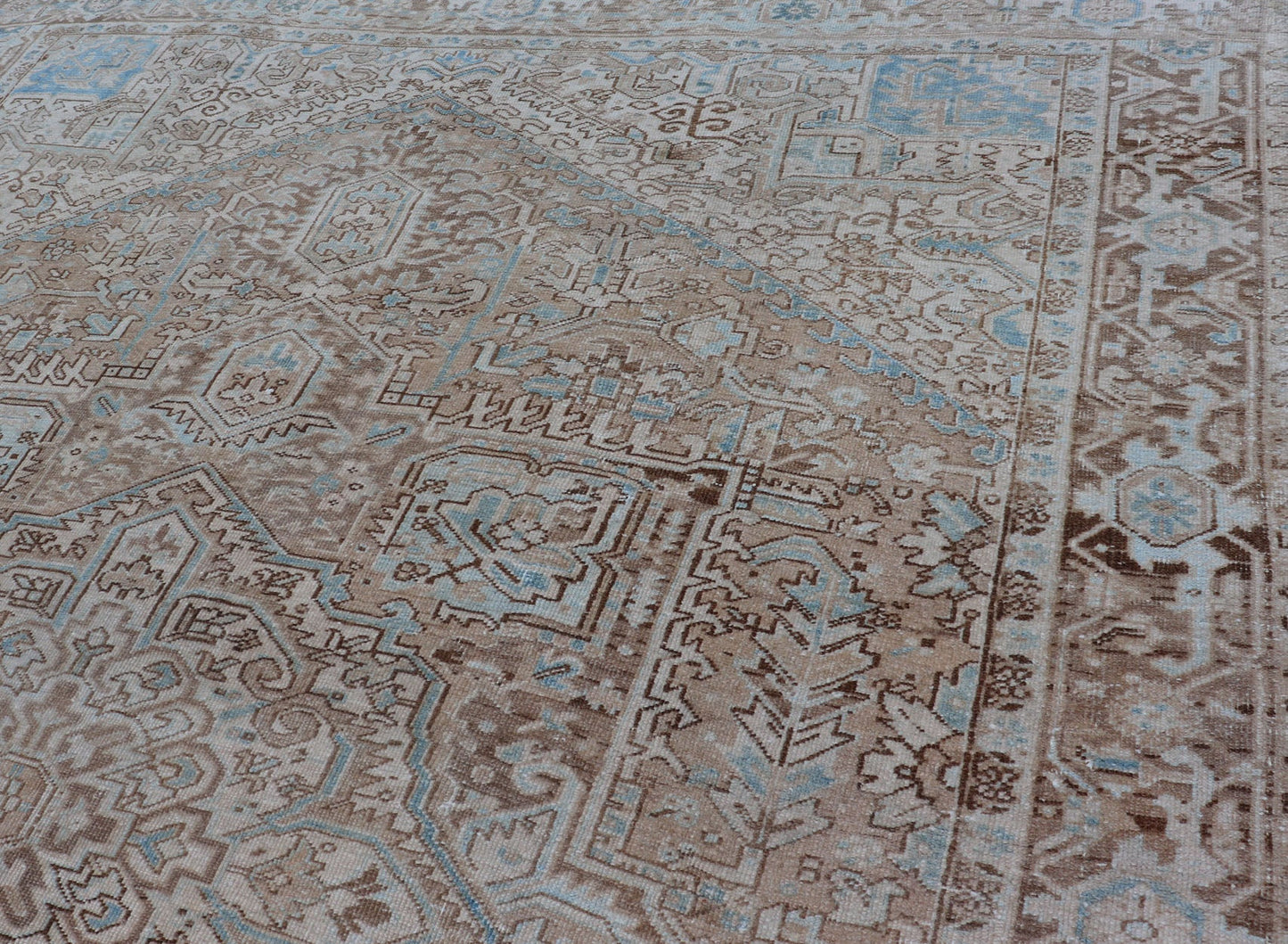 Antique Persian Heriz Rug with Geometric Design in Taupe, Tan, Brown and Lt Blue . Intricately designed geometric Persian Heriz carpet in earth tones, rug EMB - 9539 - P13038, country of origin / type: Iran / Heriz, circa 1930 This magnifice... - Keivan Woven ArtsEMB - 9539 - P13038 - 14752Rug