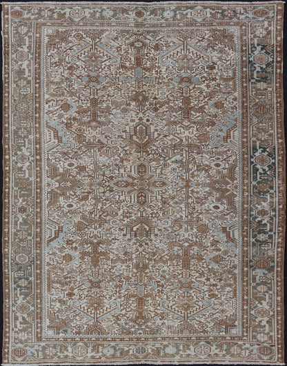 Vintage Hand - Knotted Heriz Rug with Sub - Geometric Design in Natural Tones This vintage hand - knotted Persian Heriz rug features an all - over sub - geometric design, enclosed within a complementary, multi - tiered border. The rug is rendered in blues... - Keivan Woven ArtsEMB - 9540 - P13089 - 14758Rug