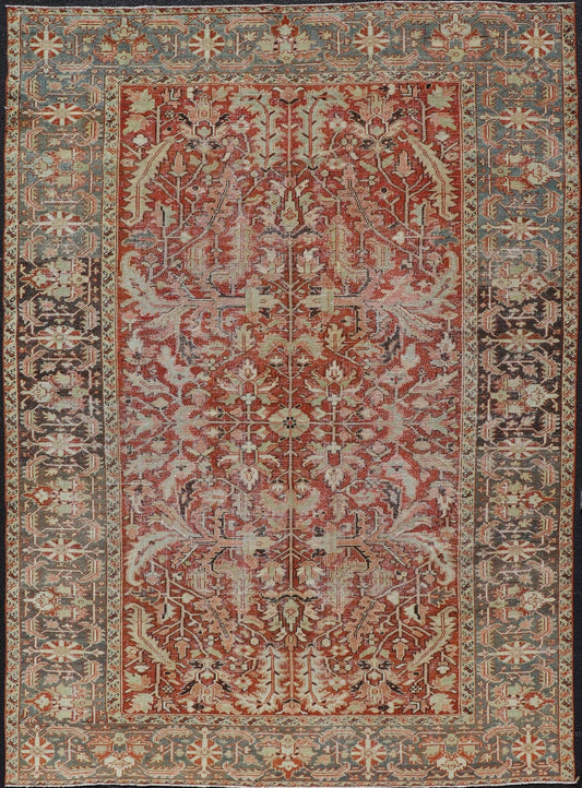All Over Design Antique Serapi - Heriz Rug With Large sub geometric Design, Keivan Woven Arts / rug EMB - 9541 - 13588, country of origin / type: Persian / Heriz, circa Early - 20th Century. Measures: 7'7 x 11' Antique Heriz Rug with Large scale ... - Keivan Woven ArtsEMB - 9541 - 13588 - 14770Rug