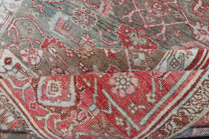 Antique Persian Bidjar long Rug with Geometric Herati Design in Light Green and Red. Herati design distressed Bidjar antique Persian rug in a variety of green, taupe green background and soft red border , rug EMB - 9542 - P13037 - 05, country of orig... - Keivan Woven ArtsEMB - 9542 - P13037 - 05 - 14776Rug