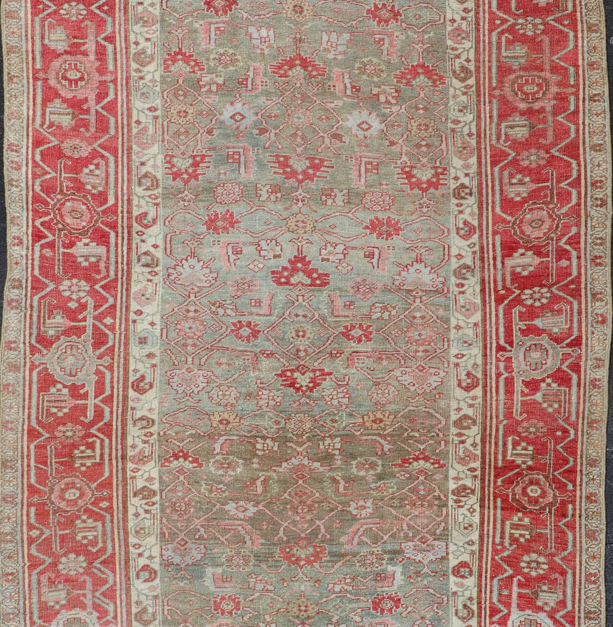 Antique Persian Bidjar long Rug with Geometric Herati Design in Light Green and Red. Herati design distressed Bidjar antique Persian rug in a variety of green, taupe green background and soft red border , rug EMB - 9542 - P13037 - 05, country of orig... - Keivan Woven ArtsEMB - 9542 - P13037 - 05 - 14776Rug