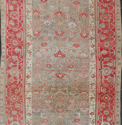 Antique Persian Bidjar long Rug with Geometric Herati Design in Light Green and Red. Herati design distressed Bidjar antique Persian rug in a variety of green, taupe green background and soft red border , rug EMB - 9542 - P13037 - 05, country of orig... - Keivan Woven ArtsEMB - 9542 - P13037 - 05 - 14776Rug