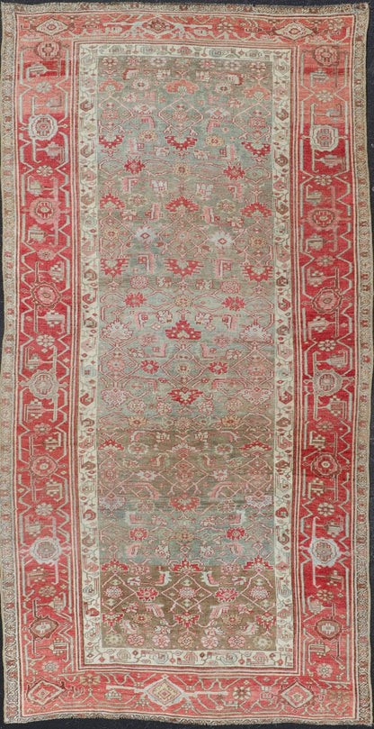 Antique Persian Bidjar long Rug with Geometric Herati Design in Light Green and Red. Herati design distressed Bidjar antique Persian rug in a variety of green, taupe green background and soft red border , rug EMB - 9542 - P13037 - 05, country of orig... - Keivan Woven ArtsEMB - 9542 - P13037 - 05 - 14776Rug