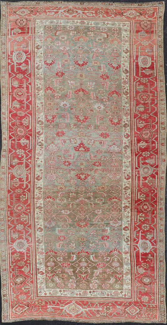 Antique Persian Bidjar long Rug with Geometric Herati Design in Light Green and Red. Herati design distressed Bidjar antique Persian rug in a variety of green, taupe green background and soft red border , rug EMB - 9542 - P13037 - 05, country of orig... - Keivan Woven ArtsEMB - 9542 - P13037 - 05 - 14776Rug