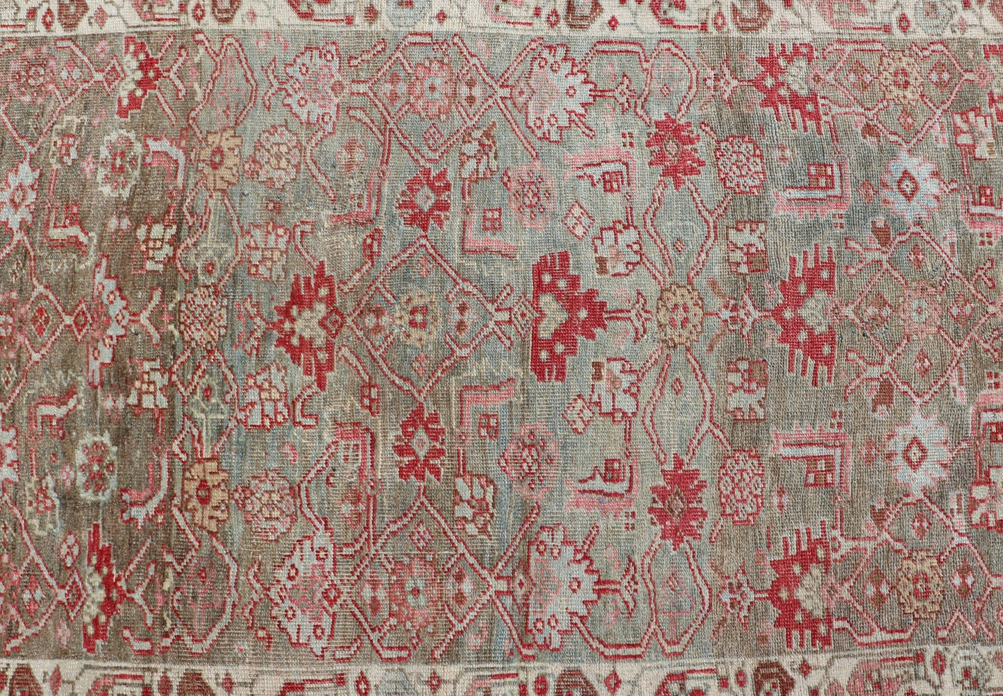 Antique Persian Bidjar long Rug with Geometric Herati Design in Light Green and Red. Herati design distressed Bidjar antique Persian rug in a variety of green, taupe green background and soft red border , rug EMB - 9542 - P13037 - 05, country of orig... - Keivan Woven ArtsEMB - 9542 - P13037 - 05 - 14776Rug