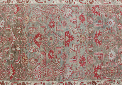 Antique Persian Bidjar long Rug with Geometric Herati Design in Light Green and Red. Herati design distressed Bidjar antique Persian rug in a variety of green, taupe green background and soft red border , rug EMB - 9542 - P13037 - 05, country of orig... - Keivan Woven ArtsEMB - 9542 - P13037 - 05 - 14776Rug
