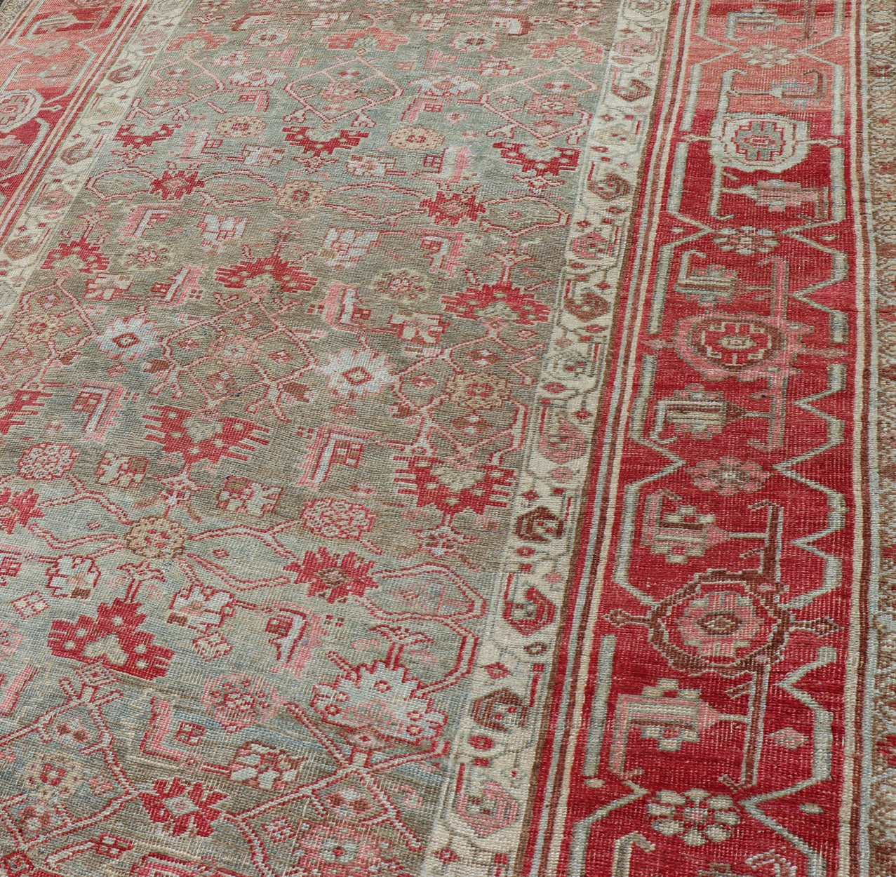 Antique Persian Bidjar long Rug with Geometric Herati Design in Light Green and Red. Herati design distressed Bidjar antique Persian rug in a variety of green, taupe green background and soft red border , rug EMB - 9542 - P13037 - 05, country of orig... - Keivan Woven ArtsEMB - 9542 - P13037 - 05 - 14776Rug