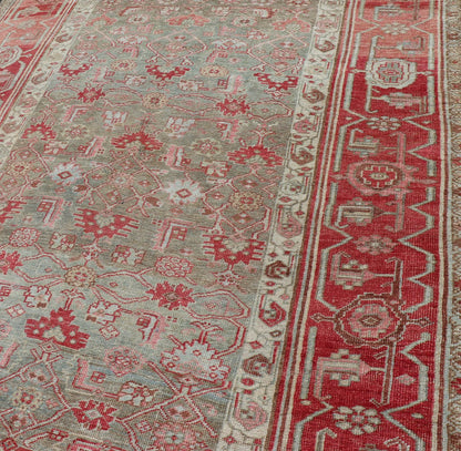 Antique Persian Bidjar long Rug with Geometric Herati Design in Light Green and Red. Herati design distressed Bidjar antique Persian rug in a variety of green, taupe green background and soft red border , rug EMB - 9542 - P13037 - 05, country of orig... - Keivan Woven ArtsEMB - 9542 - P13037 - 05 - 14776Rug
