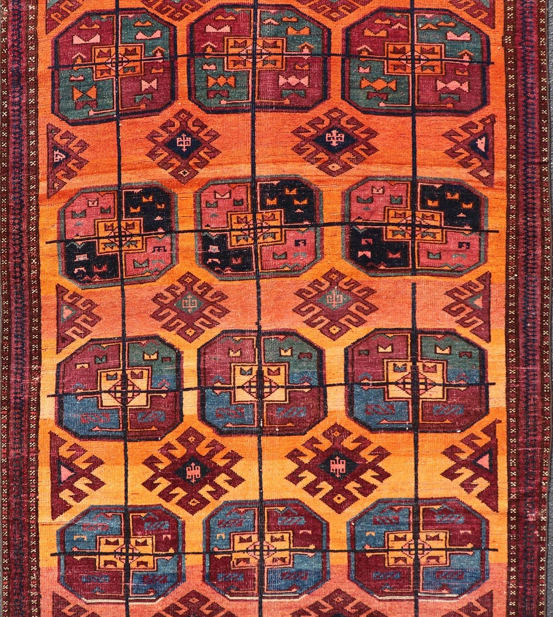 Measures: 5'0 x 8'10 Vintage Wool Ersari Rug in Wool with Gul Design in Orange, Blue, and Brown. Keivan Woven Arts; rug EMB - 9543 - 13058, country of origin / type: Turkestan / Ersari, circa 1930s. This Turkomen Ersari rug has been hand - knotted... - Keivan Woven ArtsEMB - 9543 - 13058 - 14782Rug