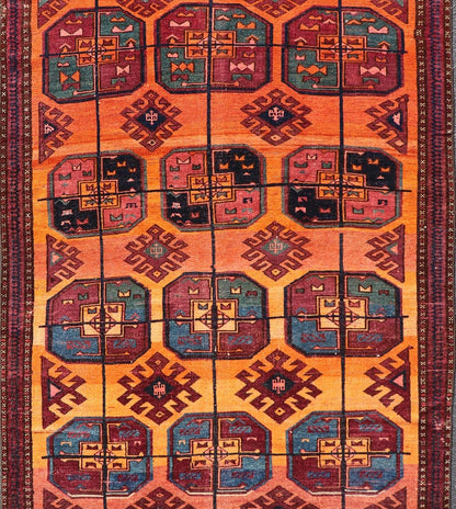 Measures: 5'0 x 8'10 Vintage Wool Ersari Rug in Wool with Gul Design in Orange, Blue, and Brown. Keivan Woven Arts; rug EMB - 9543 - 13058, country of origin / type: Turkestan / Ersari, circa 1930s. This Turkomen Ersari rug has been hand - knotted... - Keivan Woven ArtsEMB - 9543 - 13058 - 14782Rug