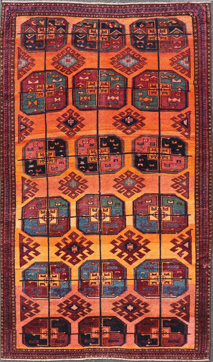 Measures: 5'0 x 8'10 Vintage Wool Ersari Rug in Wool with Gul Design in Orange, Blue, and Brown. Keivan Woven Arts; rug EMB - 9543 - 13058, country of origin / type: Turkestan / Ersari, circa 1930s. This Turkomen Ersari rug has been hand - knotted... - Keivan Woven ArtsEMB - 9543 - 13058 - 14782Rug