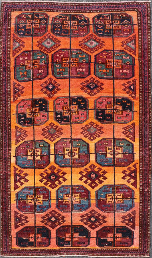 Measures: 5'0 x 8'10 Vintage Wool Ersari Rug in Wool with Gul Design in Orange, Blue, and Brown. Keivan Woven Arts; rug EMB - 9543 - 13058, country of origin / type: Turkestan / Ersari, circa 1930s. This Turkomen Ersari rug has been hand - knotted... - Keivan Woven ArtsEMB - 9543 - 13058 - 14782Rug
