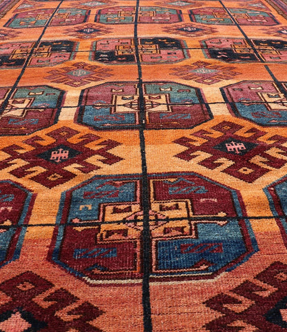 Measures: 5'0 x 8'10 Vintage Wool Ersari Rug in Wool with Gul Design in Orange, Blue, and Brown. Keivan Woven Arts; rug EMB - 9543 - 13058, country of origin / type: Turkestan / Ersari, circa 1930s. This Turkomen Ersari rug has been hand - knotted... - Keivan Woven ArtsEMB - 9543 - 13058 - 14782Rug
