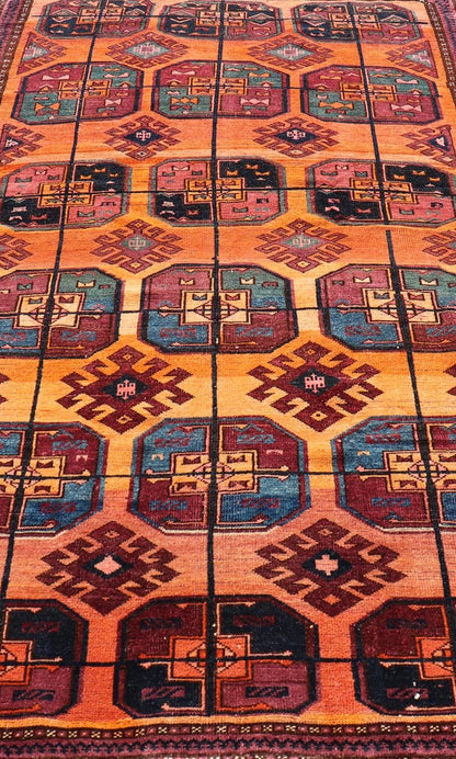 Measures: 5'0 x 8'10 Vintage Wool Ersari Rug in Wool with Gul Design in Orange, Blue, and Brown. Keivan Woven Arts; rug EMB - 9543 - 13058, country of origin / type: Turkestan / Ersari, circa 1930s. This Turkomen Ersari rug has been hand - knotted... - Keivan Woven ArtsEMB - 9543 - 13058 - 14782Rug