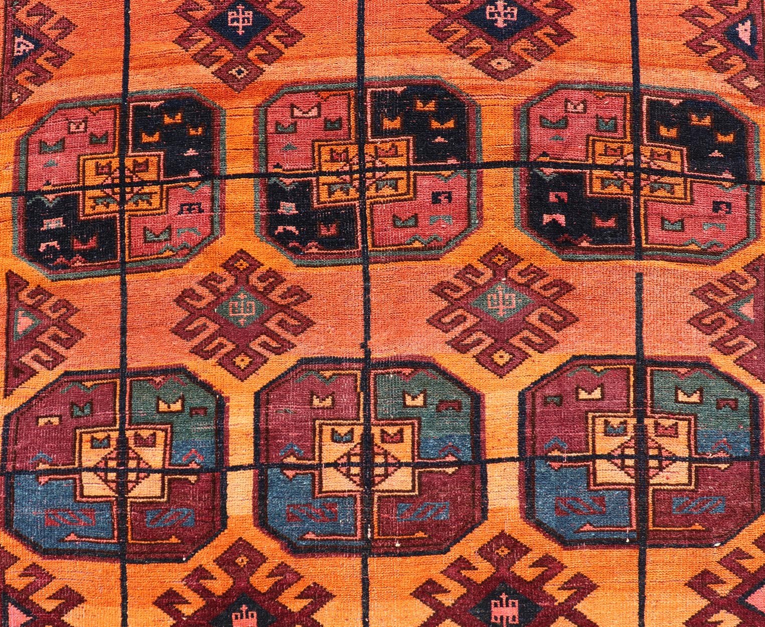 Measures: 5'0 x 8'10 Vintage Wool Ersari Rug in Wool with Gul Design in Orange, Blue, and Brown. Keivan Woven Arts; rug EMB - 9543 - 13058, country of origin / type: Turkestan / Ersari, circa 1930s. This Turkomen Ersari rug has been hand - knotted... - Keivan Woven ArtsEMB - 9543 - 13058 - 14782Rug