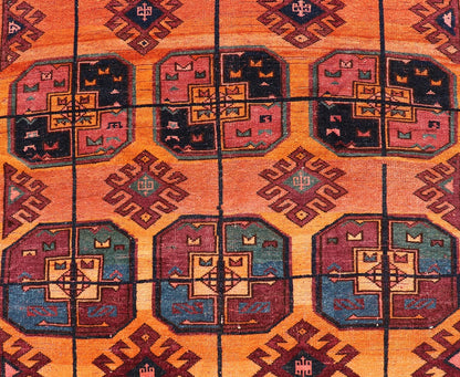 Measures: 5'0 x 8'10 Vintage Wool Ersari Rug in Wool with Gul Design in Orange, Blue, and Brown. Keivan Woven Arts; rug EMB - 9543 - 13058, country of origin / type: Turkestan / Ersari, circa 1930s. This Turkomen Ersari rug has been hand - knotted... - Keivan Woven ArtsEMB - 9543 - 13058 - 14782Rug