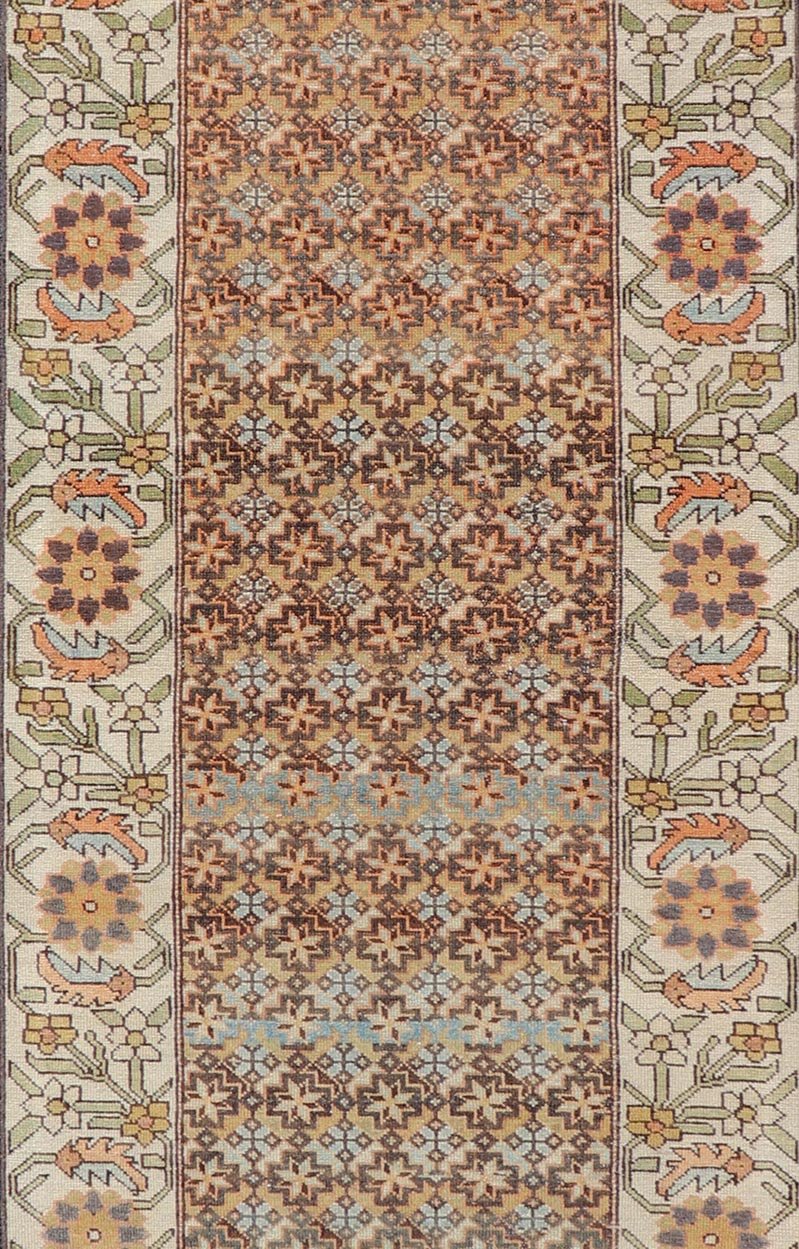 Colorful Antique Persian Bakhtiari Runner with All - Over Floral and Tribal Border Antique Hand Knotted Bakhtiari Runner from Persia with multicolored all - over floral and geometric design, Keivan Woven Arts / rug EMB - 9545 - P13074, country of origin... - Keivan Woven ArtsEMB - 9545 - P13074 - 14794Rug