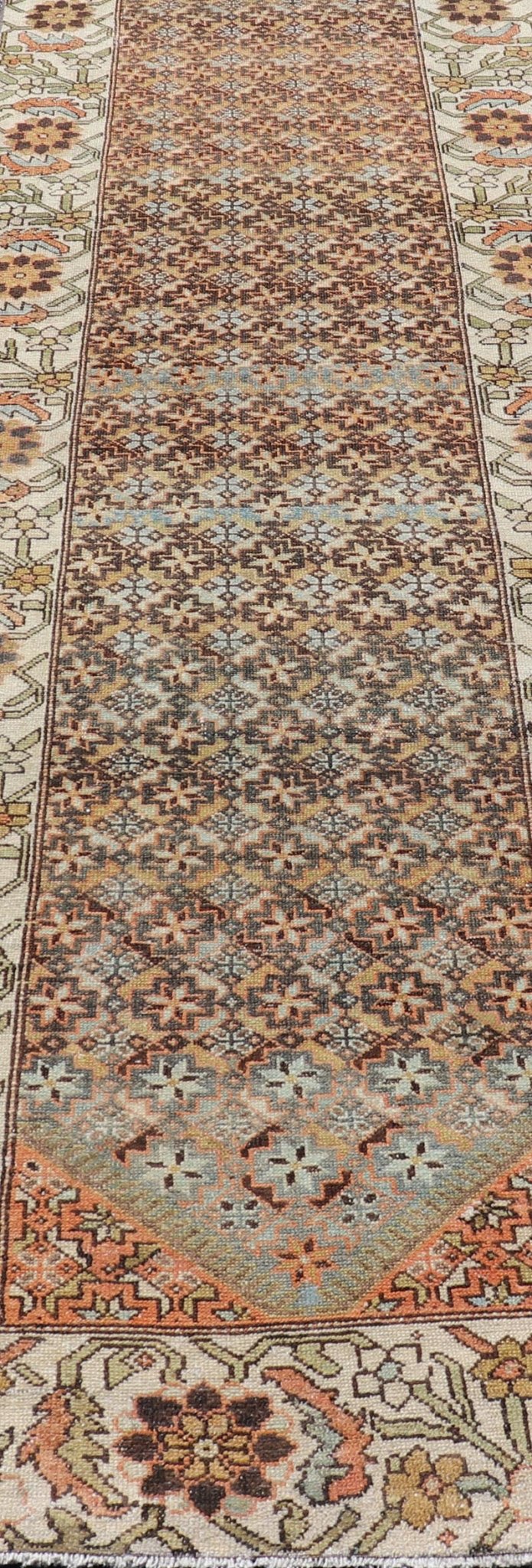 Colorful Antique Persian Bakhtiari Runner with All - Over Floral and Tribal Border Antique Hand Knotted Bakhtiari Runner from Persia with multicolored all - over floral and geometric design, Keivan Woven Arts / rug EMB - 9545 - P13074, country of origin... - Keivan Woven ArtsEMB - 9545 - P13074 - 14794Rug