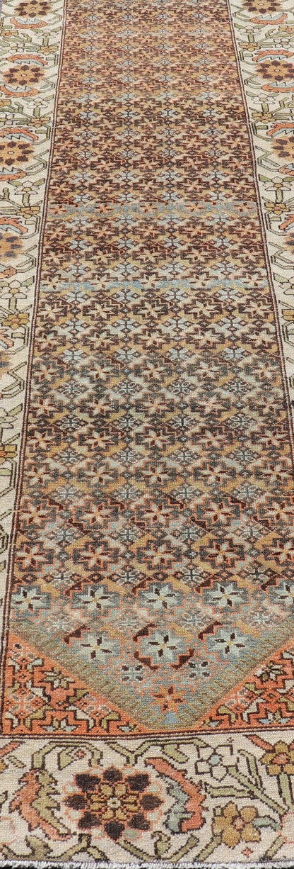 Colorful Antique Persian Bakhtiari Runner with All - Over Floral and Tribal Border Antique Hand Knotted Bakhtiari Runner from Persia with multicolored all - over floral and geometric design, Keivan Woven Arts / rug EMB - 9545 - P13074, country of origin... - Keivan Woven ArtsEMB - 9545 - P13074 - 14794Rug