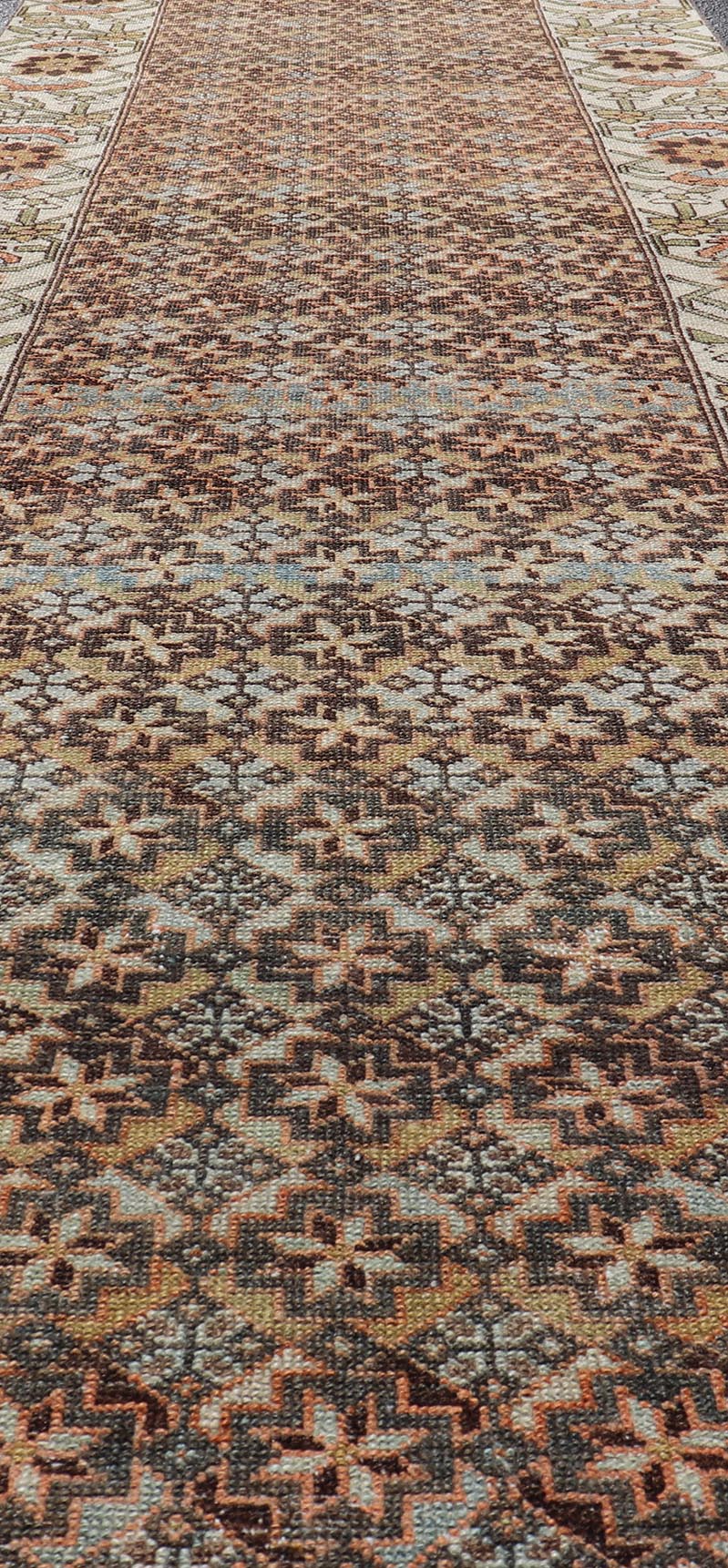 Colorful Antique Persian Bakhtiari Runner with All - Over Floral and Tribal Border Antique Hand Knotted Bakhtiari Runner from Persia with multicolored all - over floral and geometric design, Keivan Woven Arts / rug EMB - 9545 - P13074, country of origin... - Keivan Woven ArtsEMB - 9545 - P13074 - 14794Rug