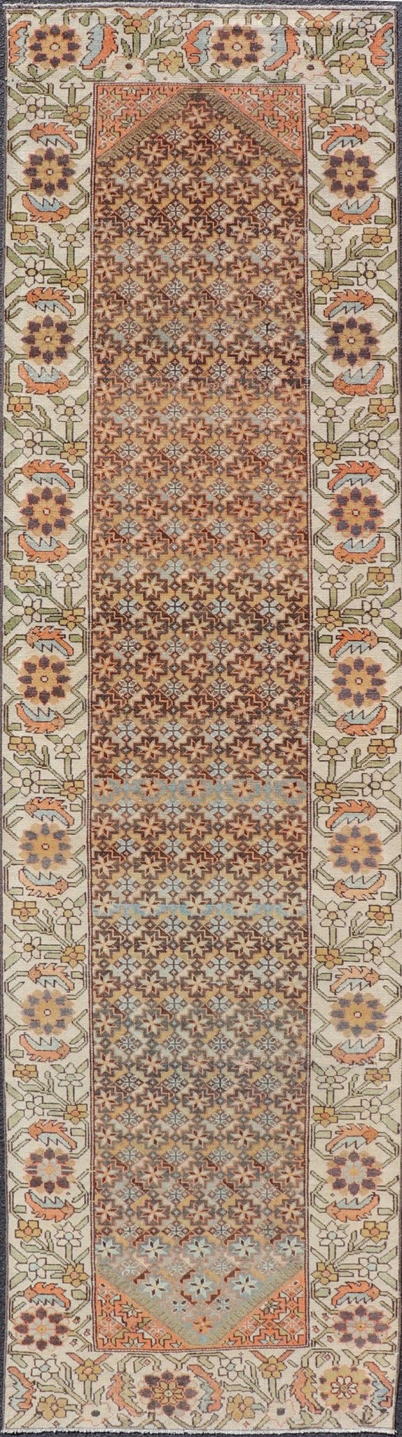 Colorful Antique Persian Bakhtiari Runner with All - Over Floral and Tribal Border Antique Hand Knotted Bakhtiari Runner from Persia with multicolored all - over floral and geometric design, Keivan Woven Arts / rug EMB - 9545 - P13074, country of origin... - Keivan Woven ArtsEMB - 9545 - P13074 - 14794Rug