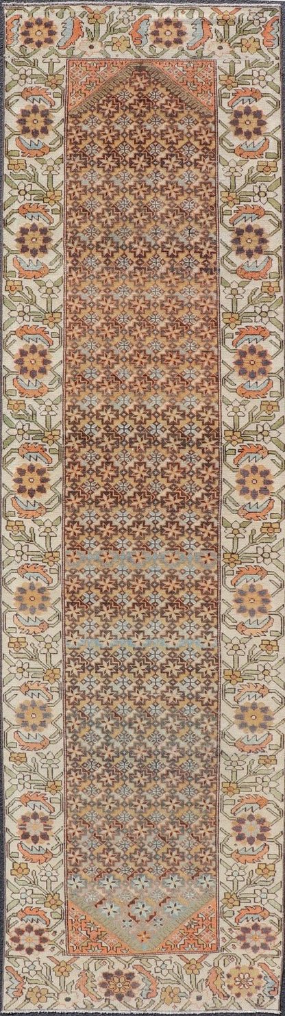 Colorful Antique Persian Bakhtiari Runner with All - Over Floral and Tribal Border Antique Hand Knotted Bakhtiari Runner from Persia with multicolored all - over floral and geometric design, Keivan Woven Arts / rug EMB - 9545 - P13074, country of origin... - Keivan Woven ArtsEMB - 9545 - P13074 - 14794Rug