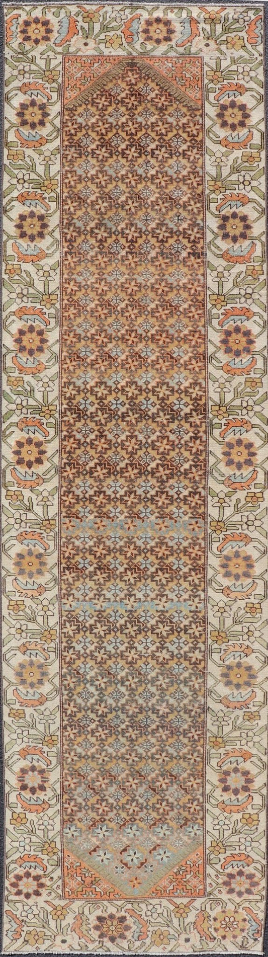 Colorful Antique Persian Bakhtiari Runner with All - Over Floral and Tribal Border Antique Hand Knotted Bakhtiari Runner from Persia with multicolored all - over floral and geometric design, Keivan Woven Arts / rug EMB - 9545 - P13074, country of origin... - Keivan Woven ArtsEMB - 9545 - P13074 - 14794Rug