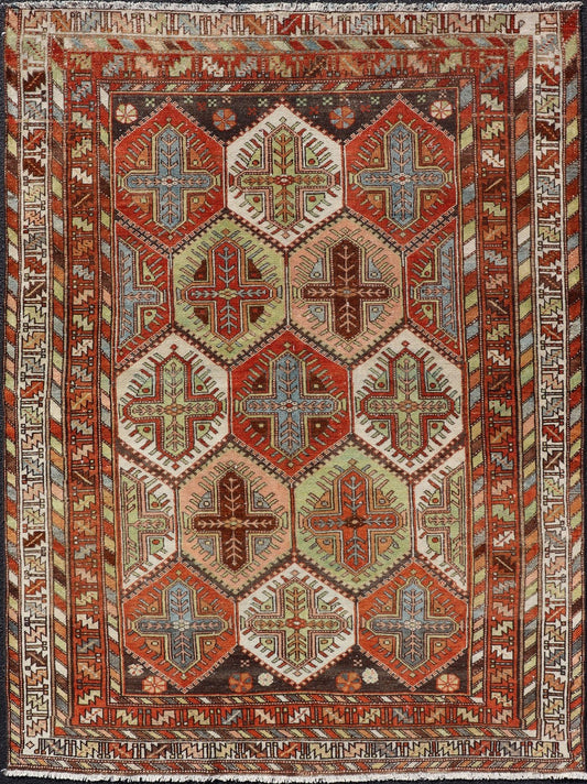 Antique Persian Tribal Motif Design With Crosses Bakhtiari Rug in Multi Colors Keivan Woven Arts / rug EMB - 9550 - P13055, country of origin / type: Iran / Bakhtiari, circa 1920 This magnificent Antique Bakhtiari Rug features an all - over diamond... - Keivan Woven ArtsEMB - 9550 - P13055 - 14806Rug