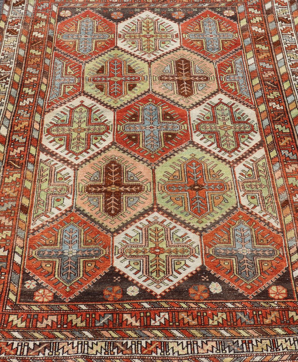 Antique Persian Tribal Motif Design With Crosses Bakhtiari Rug in Multi Colors Keivan Woven Arts / rug EMB - 9550 - P13055, country of origin / type: Iran / Bakhtiari, circa 1920 This magnificent Antique Bakhtiari Rug features an all - over diamond... - Keivan Woven ArtsEMB - 9550 - P13055 - 14806Rug