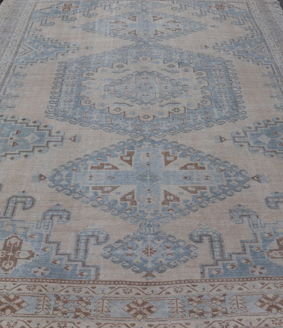Persian Antique Tabriz Rug With Geometric Medallion With Latch Hooks in Light Blue Persian Antique Tabriz Rug With Geometric Medallion with Latch Hooks. Keivan Woven Arts / rug EMB - 9551 - P13080, country of origin / type: Iran / Tabriz, circa 1930... - Keivan Woven ArtsEMB - 9551 - P13080 - 14812Rug