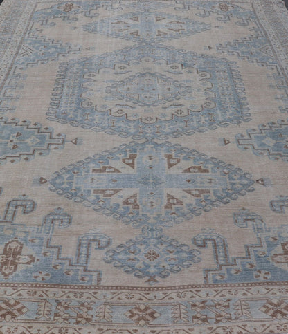 Persian Antique Tabriz Rug With Geometric Medallion With Latch Hooks in Light Blue Persian Antique Tabriz Rug With Geometric Medallion with Latch Hooks. Keivan Woven Arts / rug EMB - 9551 - P13080, country of origin / type: Iran / Tabriz, circa 1930... - Keivan Woven ArtsEMB - 9551 - P13080 - 14812Rug