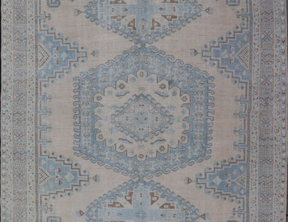 Persian Antique Tabriz Rug With Geometric Medallion With Latch Hooks in Light Blue Persian Antique Tabriz Rug With Geometric Medallion with Latch Hooks. Keivan Woven Arts / rug EMB - 9551 - P13080, country of origin / type: Iran / Tabriz, circa 1930... - Keivan Woven ArtsEMB - 9551 - P13080 - 14812Rug