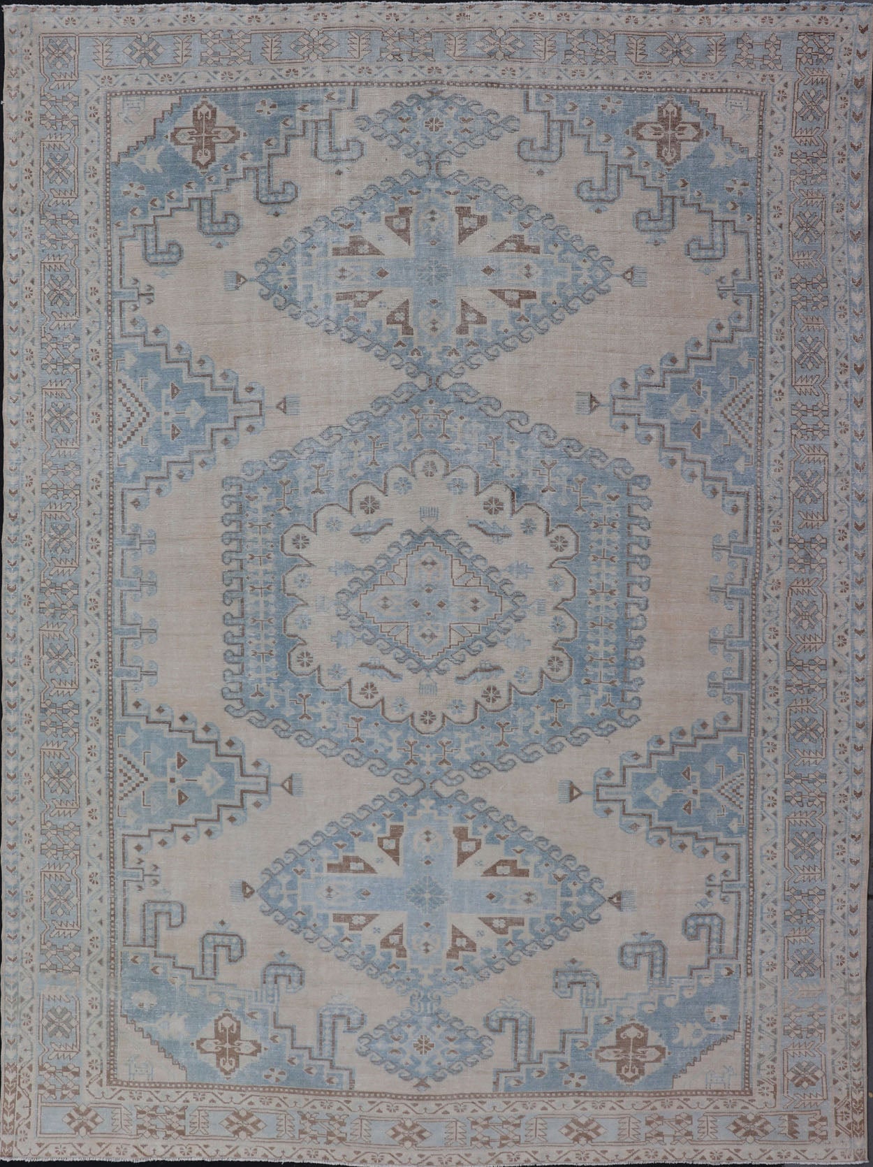 Persian Antique Tabriz Rug With Geometric Medallion With Latch Hooks in Light Blue Persian Antique Tabriz Rug With Geometric Medallion with Latch Hooks. Keivan Woven Arts / rug EMB - 9551 - P13080, country of origin / type: Iran / Tabriz, circa 1930... - Keivan Woven ArtsEMB - 9551 - P13080 - 14812Rug