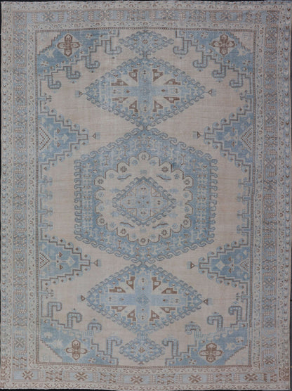 Persian Antique Tabriz Rug With Geometric Medallion With Latch Hooks in Light Blue Persian Antique Tabriz Rug With Geometric Medallion with Latch Hooks. Keivan Woven Arts / rug EMB - 9551 - P13080, country of origin / type: Iran / Tabriz, circa 1930... - Keivan Woven ArtsEMB - 9551 - P13080 - 14812Rug
