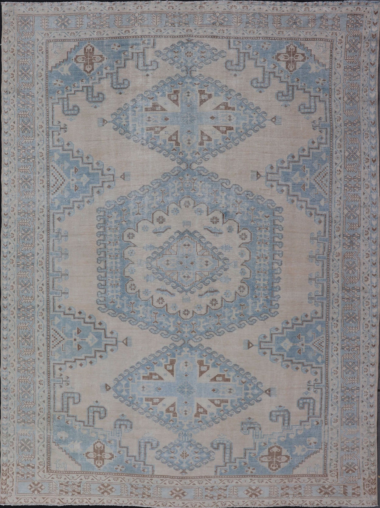 Persian Antique Tabriz Rug With Geometric Medallion With Latch Hooks in Light Blue Persian Antique Tabriz Rug With Geometric Medallion with Latch Hooks. Keivan Woven Arts / rug EMB - 9551 - P13080, country of origin / type: Iran / Tabriz, circa 1930... - Keivan Woven ArtsEMB - 9551 - P13080 - 14812
