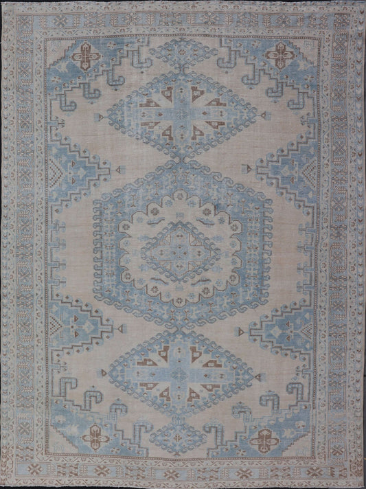 Persian Antique Tabriz Rug With Geometric Medallion With Latch Hooks in Light Blue Persian Antique Tabriz Rug With Geometric Medallion with Latch Hooks. Keivan Woven Arts / rug EMB - 9551 - P13080, country of origin / type: Iran / Tabriz, circa 1930... - Keivan Woven ArtsEMB - 9551 - P13080 - 14812