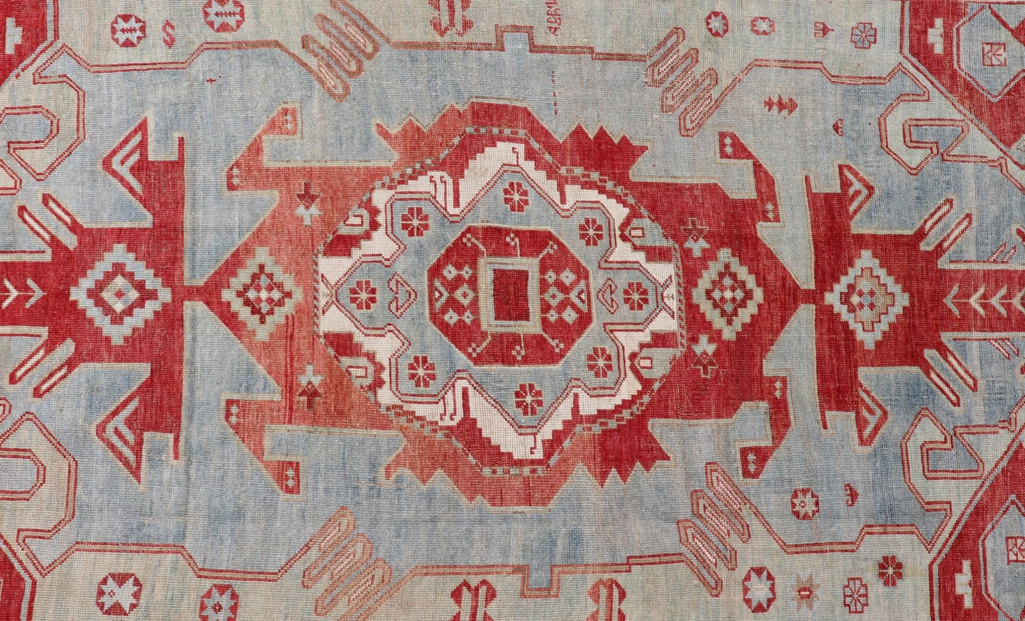 Antique Caucasian Kazak Rug with Tribal Geometric Medallion In Red. light green, ivory & Lt. Blue. Tribal geometric with stretched medallion design antique Kazak rug, antique rug from Caucasus Region in multi - colors. Keivan Woven Arts / rug EMB - ... - Keivan Woven ArtsEMB - 9552 - P13035 - 14818Rug