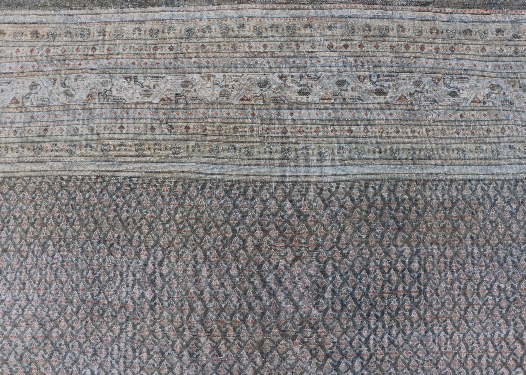 Antique Hand Knotted Persian Tabriz Rug with All - Over Design in Muted Tones Antique Persian Tabriz Rug with all over small scale design in brown, gray and light blue. Keivan Woven Arts / rug EMB - 9553 - P13081, country of origin / type: Persian / T... - Keivan Woven ArtsEMB - 9553 - P13081 - 14850Rug
