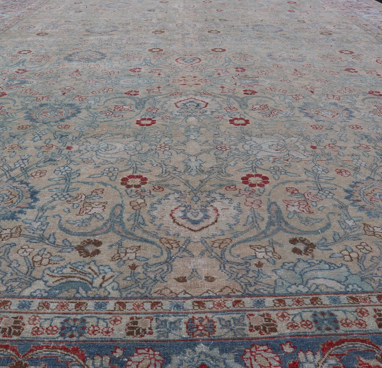 Antique Persian Khorassan Rug with Floral Design in Honey Cream & Dusty Blue. Finely woven Antique Persian Khorassan Rug with floral motifs and Vining Flowers Keivan Woven Arts rug/EMB - 9555 - P13061, origin/Iran, Circa/ 1920 Measures: 9 x ... - Keivan Woven ArtsEMB - 9555 - P13061 - 14862Rug
