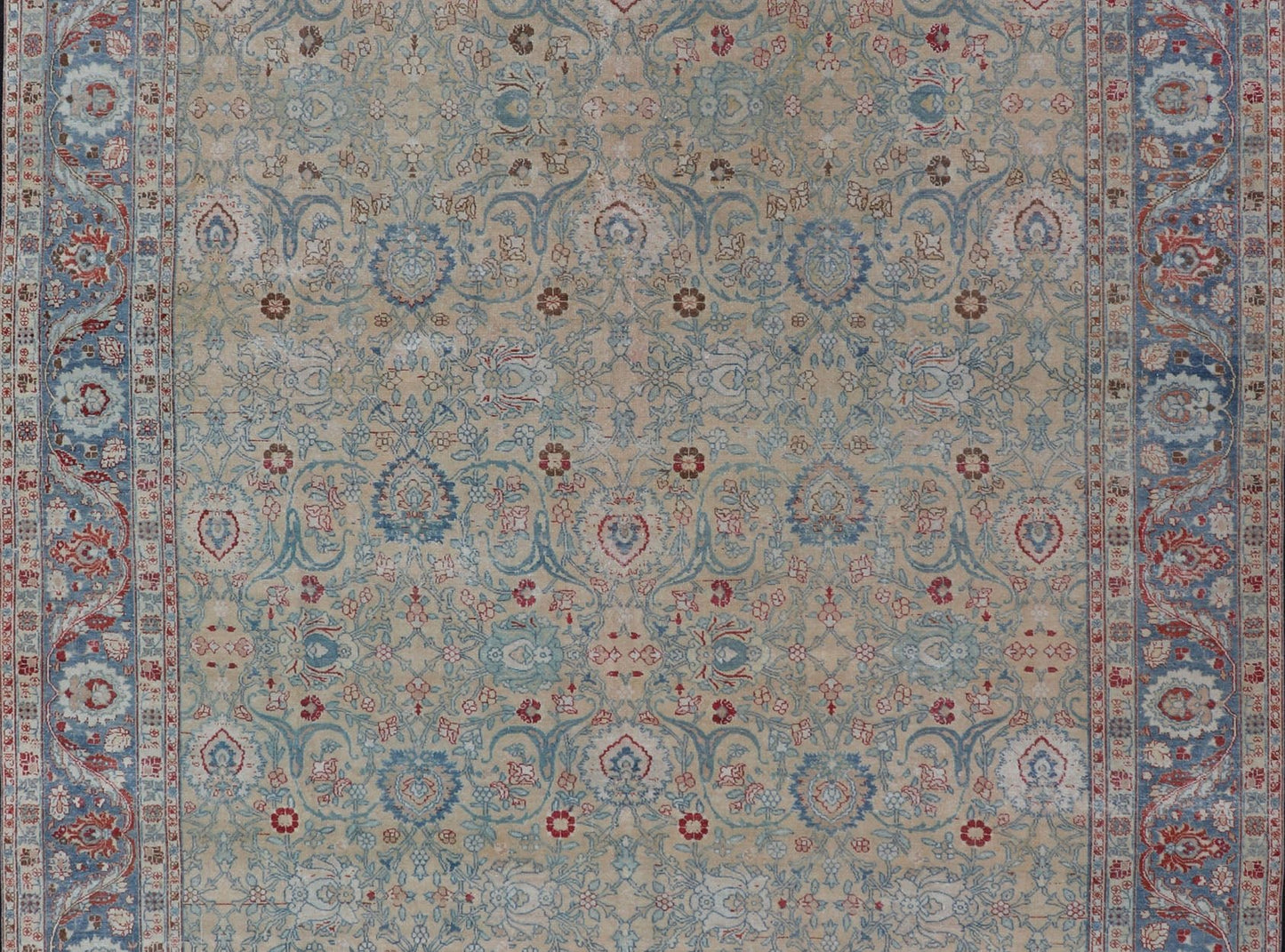 Antique Persian Khorassan Rug with Floral Design in Honey Cream & Dusty Blue. Finely woven Antique Persian Khorassan Rug with floral motifs and Vining Flowers Keivan Woven Arts rug/EMB - 9555 - P13061, origin/Iran, Circa/ 1920 Measures: 9 x ... - Keivan Woven ArtsEMB - 9555 - P13061 - 14862Rug